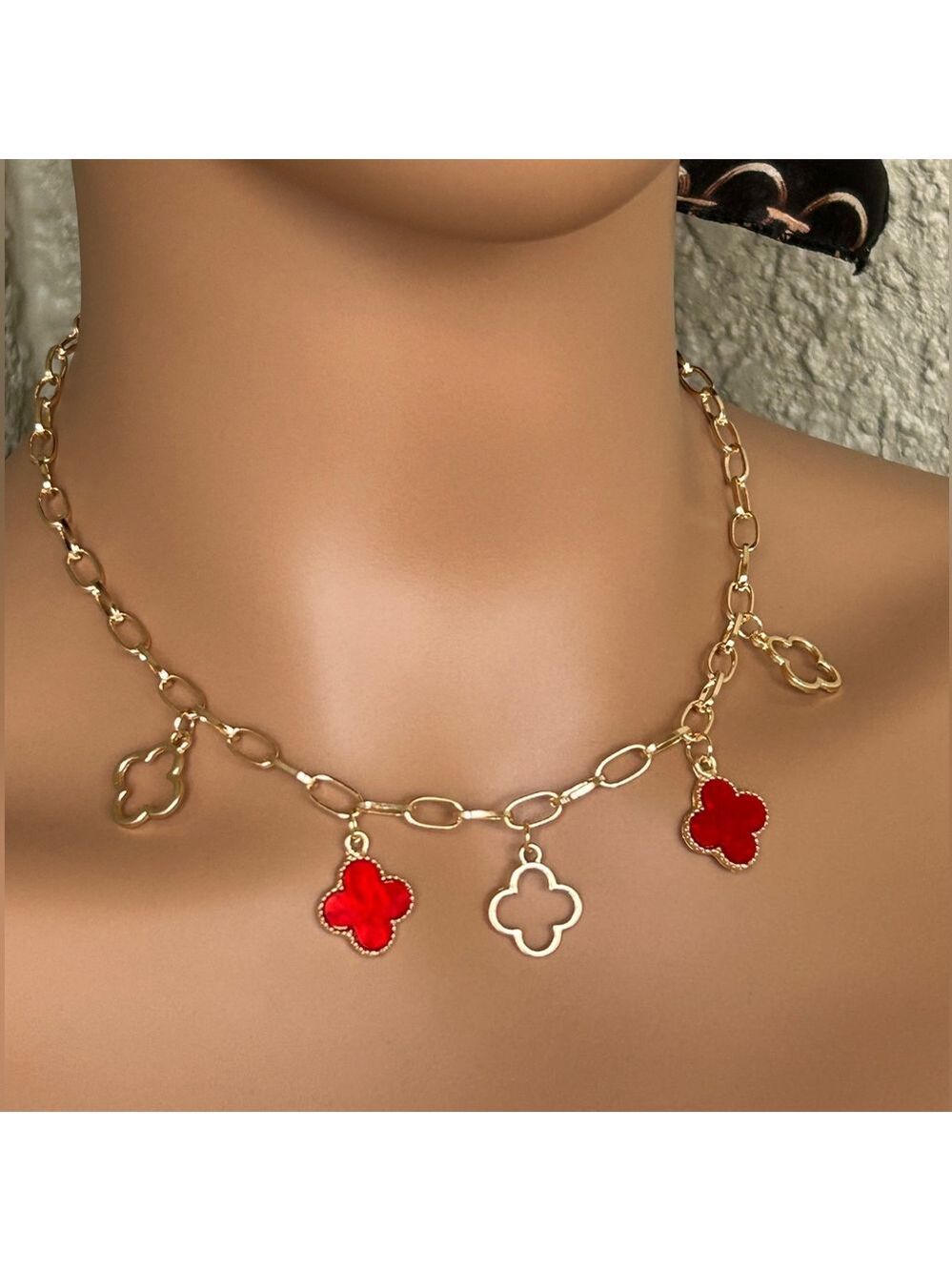 Trendy Gold and Red Clover Necklace